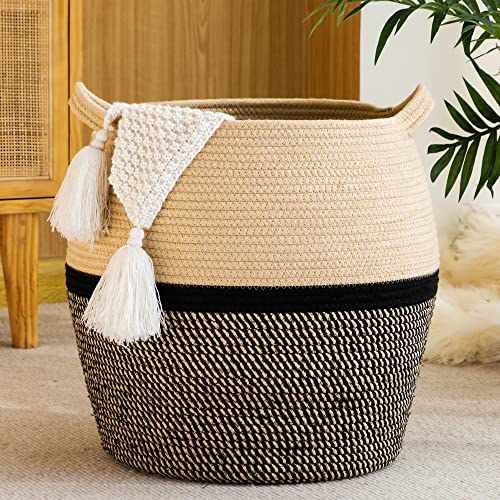 KAKAMAY Woven Baskets for Storage,Large Cotton Rope Basket Woven Baby Laundry Hamper,Collapsible Laundry Basket, Blanket Basket for Organizing Living Room,Nursery,Clothes,Toy chest (Black)