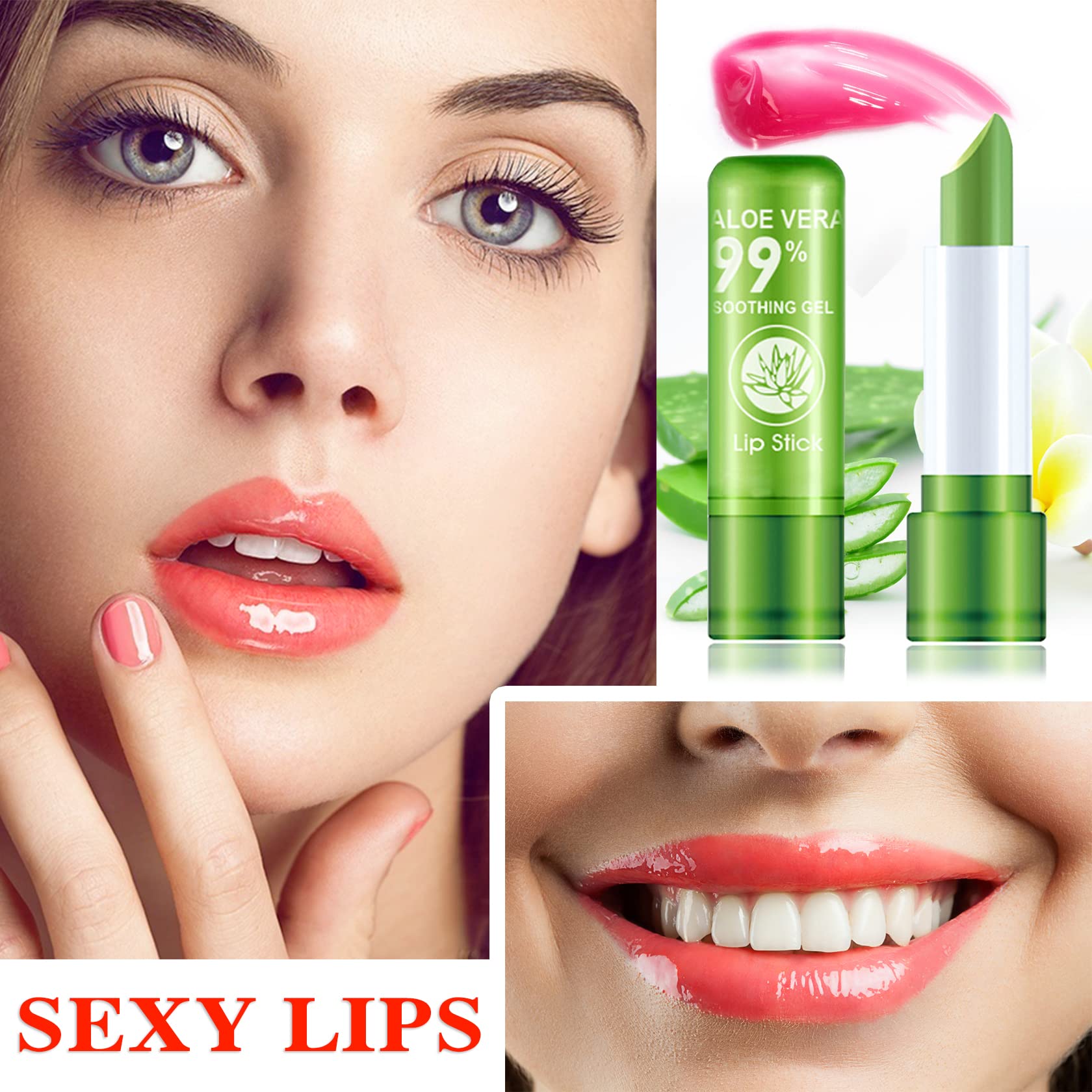 WYBLZPXZ 3 Pack Aloe Vera Lipstick,Long Wear Nutritious Lip Stick,Magic Temp Color Changing Lip Gloss,Lipstick,Moisturizing,Waterproof Matte Lip Balm Makeup