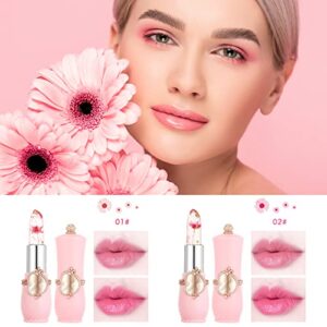 WYBLZPXZ 2Pcs Clear Crystal Flower Jelly Lipstick,PH Magic Temperature Color Changing Lipstick,Lip Gloss,Long Wear Nutritious Tinted Lip Balm,Moisturizing Lip Stick Makeup Set （Set A）