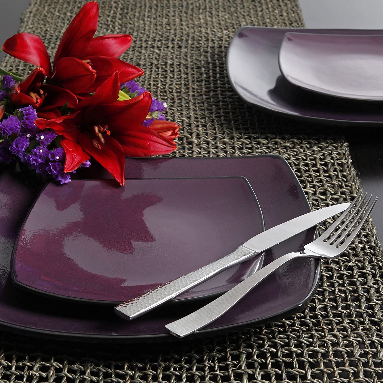 Gibson Elite Soho Lounge 16 Piece Reactive Glaze Durable Microwave and Dishwasher Safe Plates, Bowls, and Mugs Dinnerware Set, Purple (2 Pack)