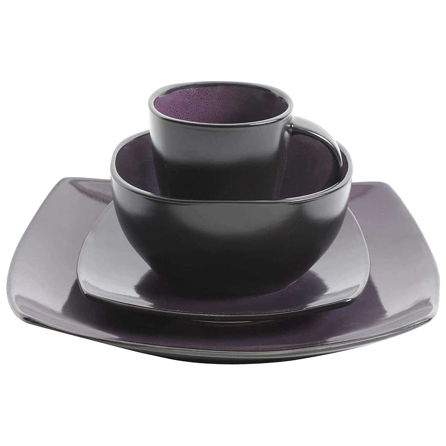 Gibson Elite Soho Lounge 16 Piece Reactive Glaze Durable Microwave and Dishwasher Safe Plates, Bowls, and Mugs Dinnerware Set, Purple (2 Pack)