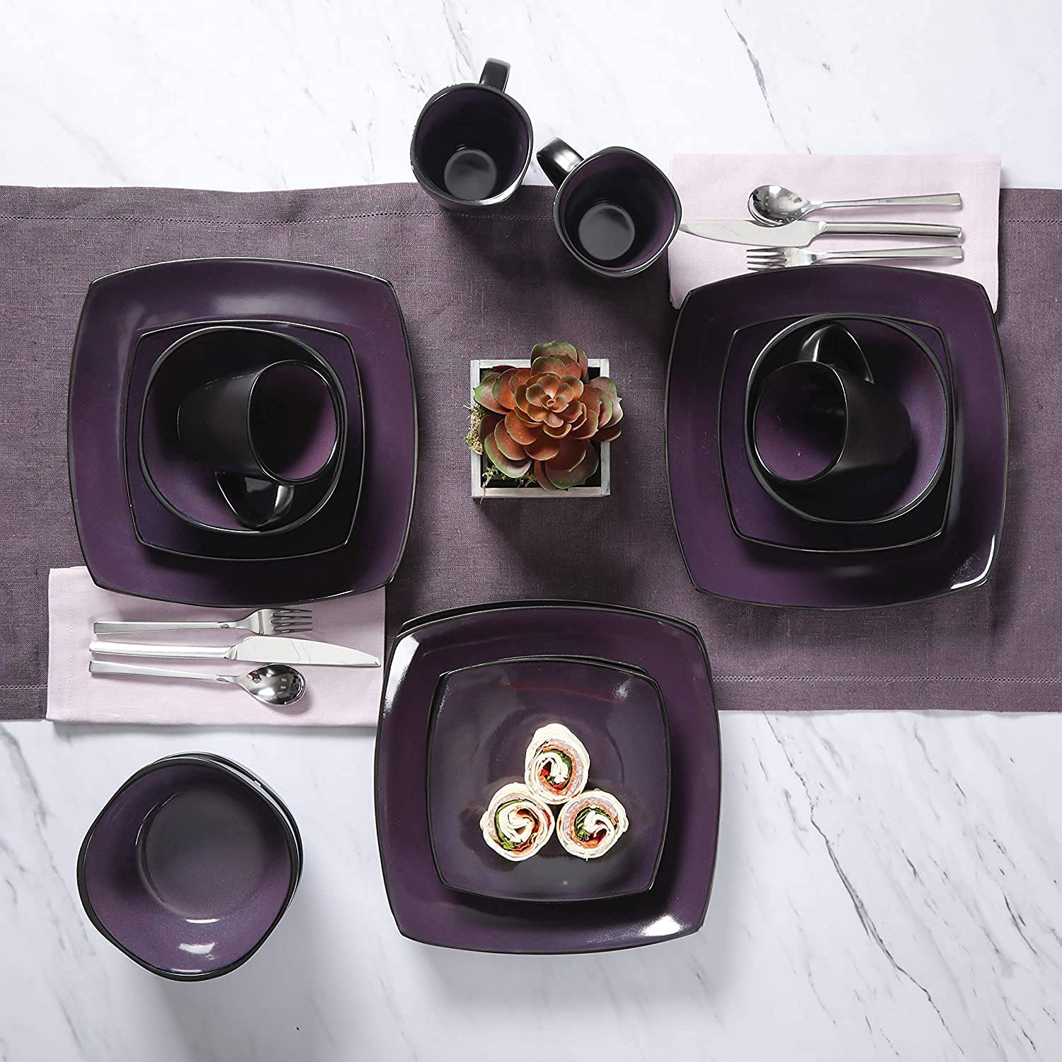 Gibson Elite Soho Lounge 16 Piece Reactive Glaze Durable Microwave and Dishwasher Safe Plates, Bowls, and Mugs Dinnerware Set, Purple (2 Pack)