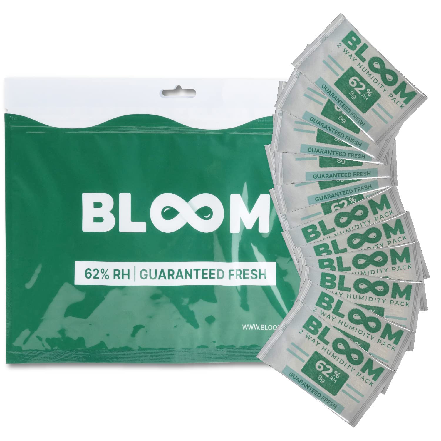 BLOOM 62% Humidity Packs by Herb Guard (10 Pack) - 8g Guaranteed to Keep Up to 1 Ounce Fresh for Months & Revive Dry Contents Back to Life