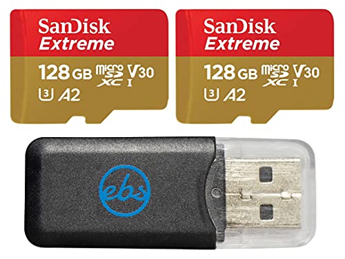 SanDisk Extreme 128GB V30 A2 microSDXC (2 Pack) Memory Card for DJI Mini 3 Also Works with DJI Mini 3 pro, DJI RC (SDSQXA1-128G-GN6MN) Bundle with 1 Everything But Stromboli Micro SDXC Card Reader