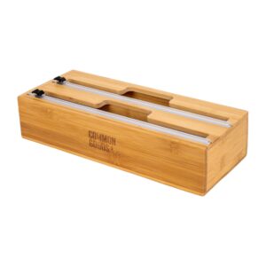 bamboo 2 in 1 roll organizer, dispenser, and cutter. holds standard 12 inch rolls. works with aluminum foil, plastic wrap, wax paper, parchment paper