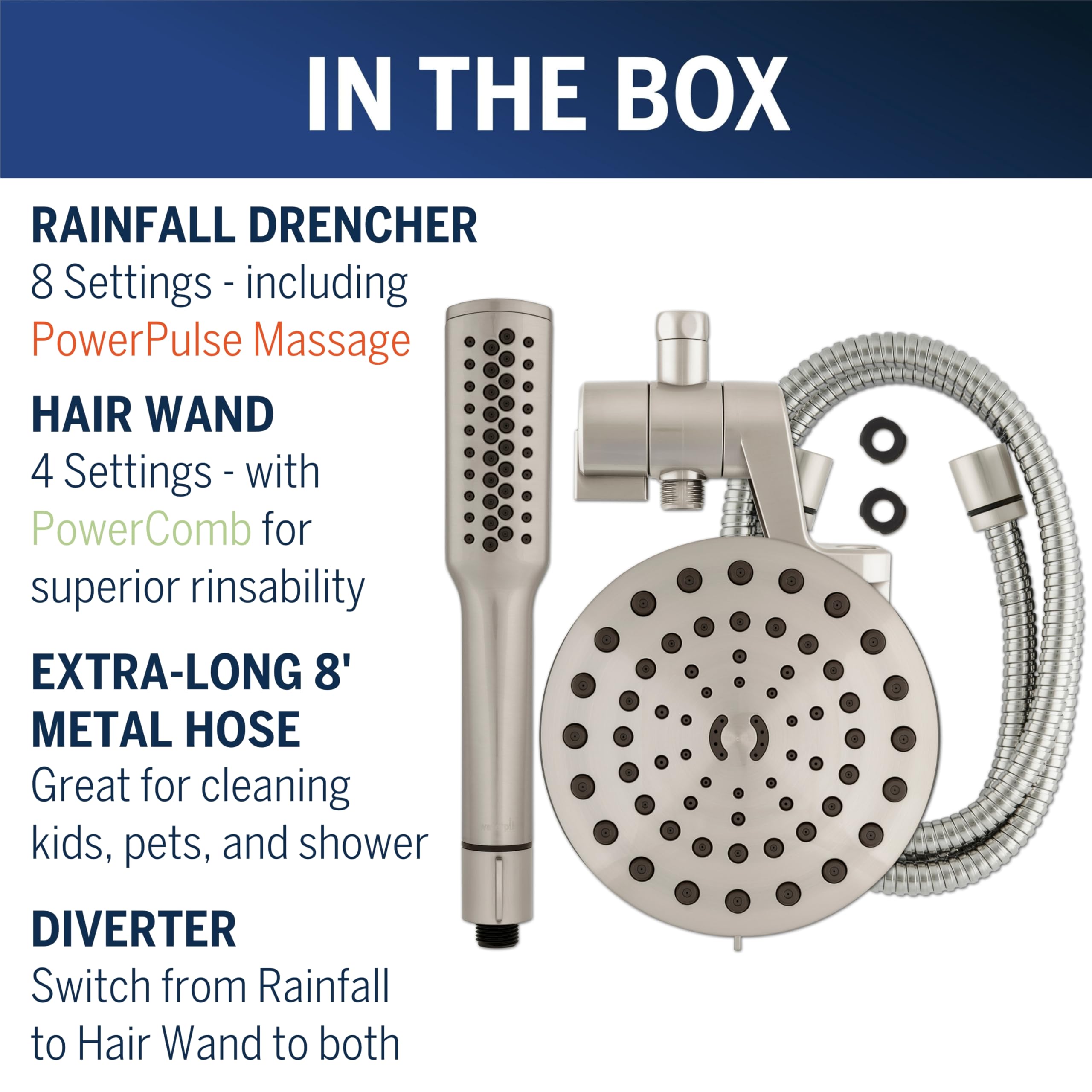 Waterpik High Pressure Pulsating Shower Wand and Rain Shower Head Combo with Extra-Long 8-Foot Metal Hose, HairWand Pulse Spa System 12 Spray Modes for Hair and Body, Brushed Nickel