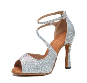 minishion ankle strap dance shoes sparkle wedding party heels with crystals l522 silver us 9.5