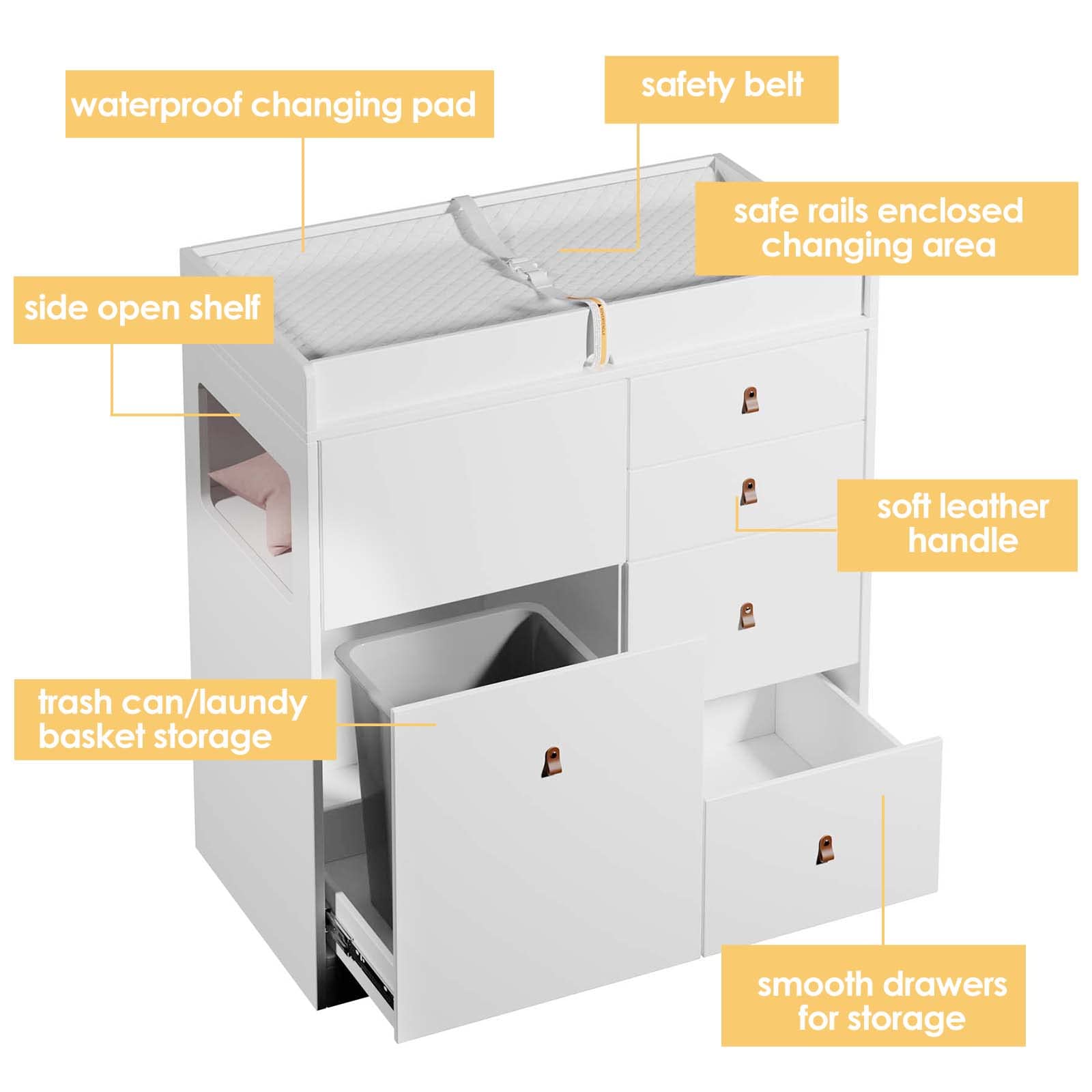 BANIROMAY Baby Changing Table Dresser with 4 Drawers, Nursery Dresser Diaper Table with Changing Pad for Kids Room, Bedroom (White) (White)