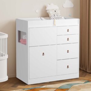 BANIROMAY Baby Changing Table Dresser with 4 Drawers, Nursery Dresser Diaper Table with Changing Pad for Kids Room, Bedroom (White) (White)