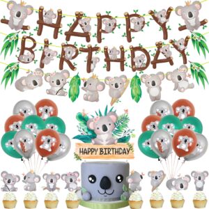koala birthday party decorations with cute koala happy birthday banner, latex balloons, cake cupcake toppers for koala birthday party jungle animal party supplies