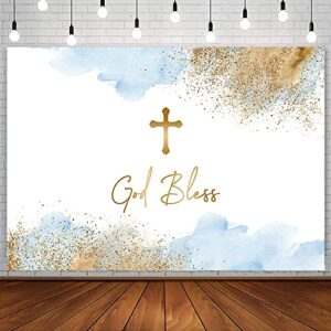 sendy 7x5ft god bless backdrop for boy first holy communion baptism christening party decorations blue watercolor clouds gold cross newborn baby shower photography background banner photo booth studio
