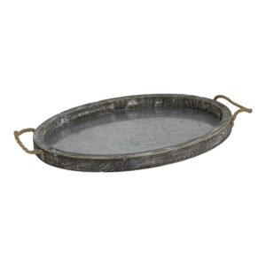 collective home - ottoman tray with handles, vintage wooden decorative tray with galvanized iron base, rustic serving trays for coffee table, oval food trays for living room bedroom