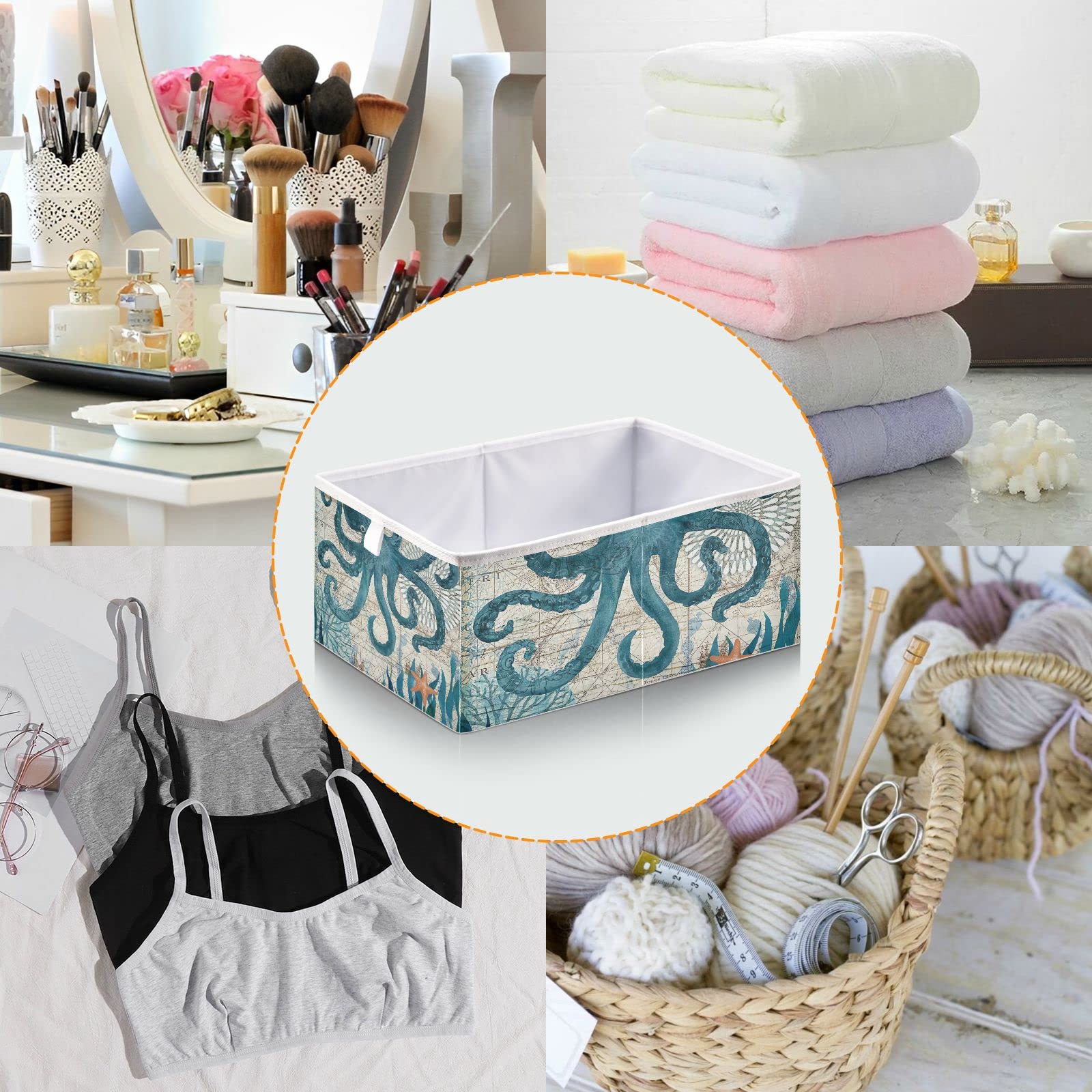 Rectangle Foldable Cloth Storage Cube Basket Bins Organizer, Toy storage baskets Ocean Sea Octopus organizer bins