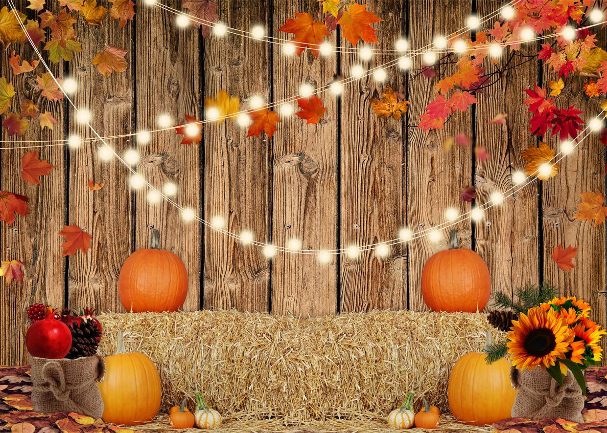 SJOLOON Fall Pumpkin Backdrop Wood Floor with Fall Leaves Background Thanksgiving Day Photo Backdrop for Baby Shower Party Decoration Studio Props 12344(7x5FT)