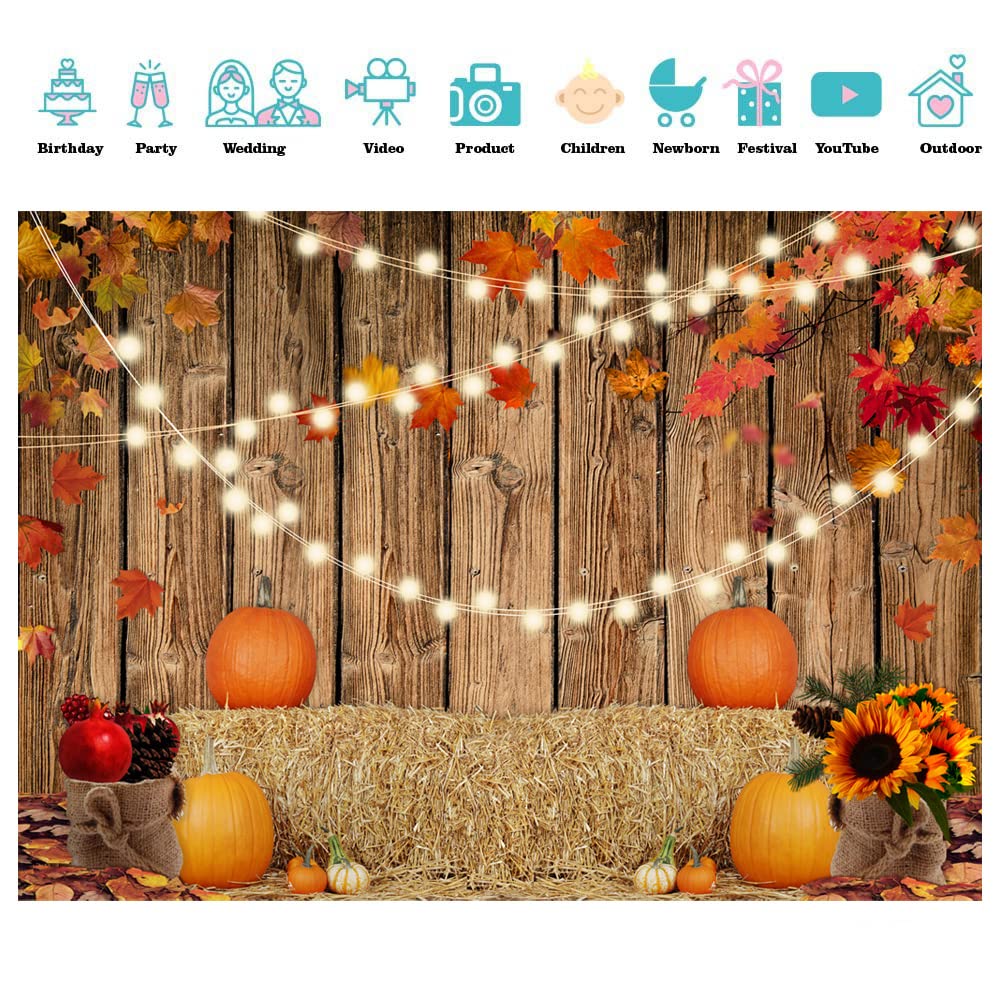 SJOLOON Fall Pumpkin Backdrop Wood Floor with Fall Leaves Background Thanksgiving Day Photo Backdrop for Baby Shower Party Decoration Studio Props 12344(7x5FT)