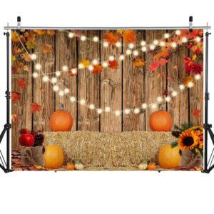 SJOLOON Fall Pumpkin Backdrop Wood Floor with Fall Leaves Background Thanksgiving Day Photo Backdrop for Baby Shower Party Decoration Studio Props 12344(7x5FT)