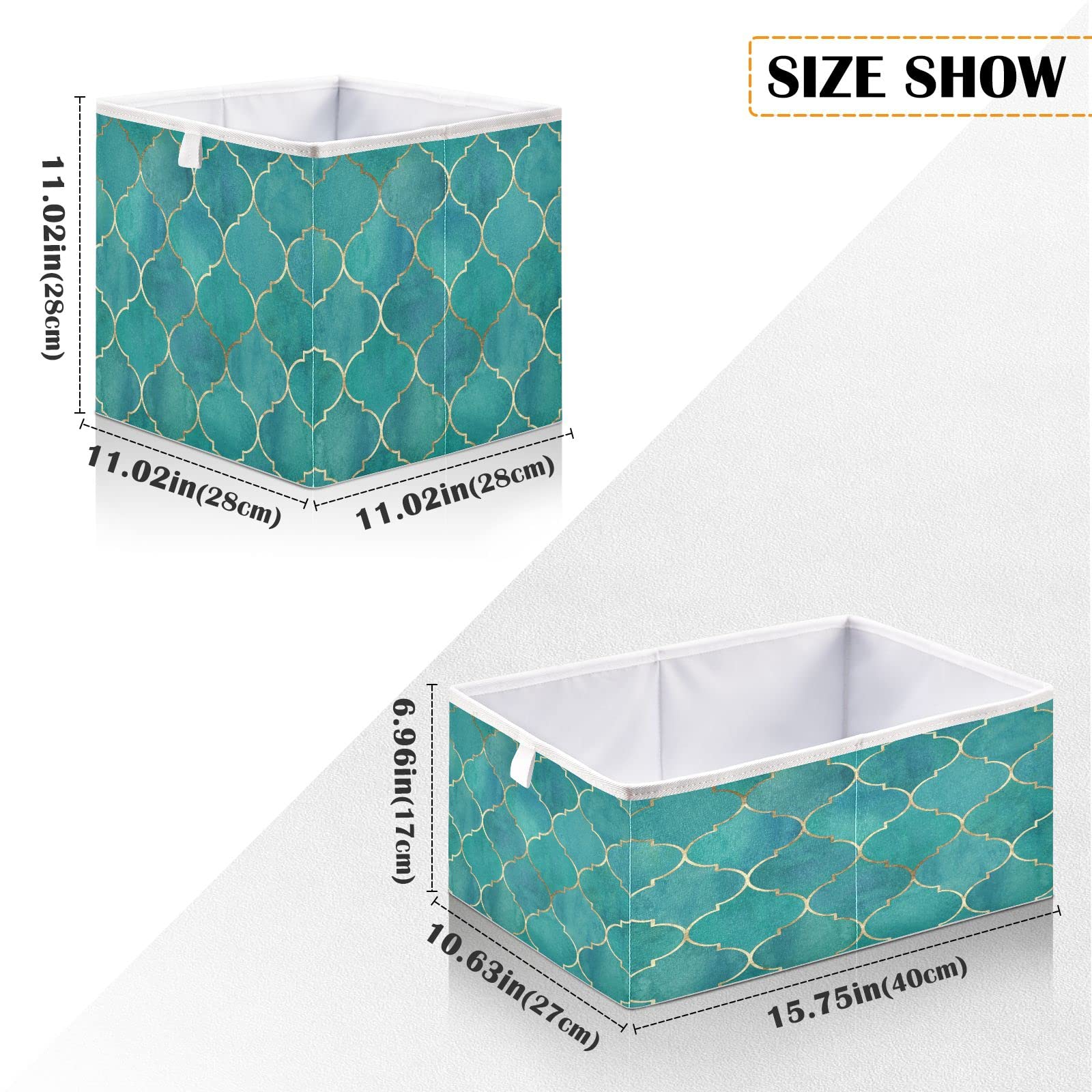 ALAZA Moroccan Gold Line Turquoise Trellis Storage Bin Organizer Foldable Basket for Closet Cabinet Shelf Office 15.75 x 10.63 x 6.96 Inch