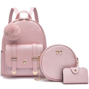 i ihayner mini leather backpack purse for teen girls 3-pieces fashion backpack cute travel daypacks women pompom backpack shoulder bag gold pink