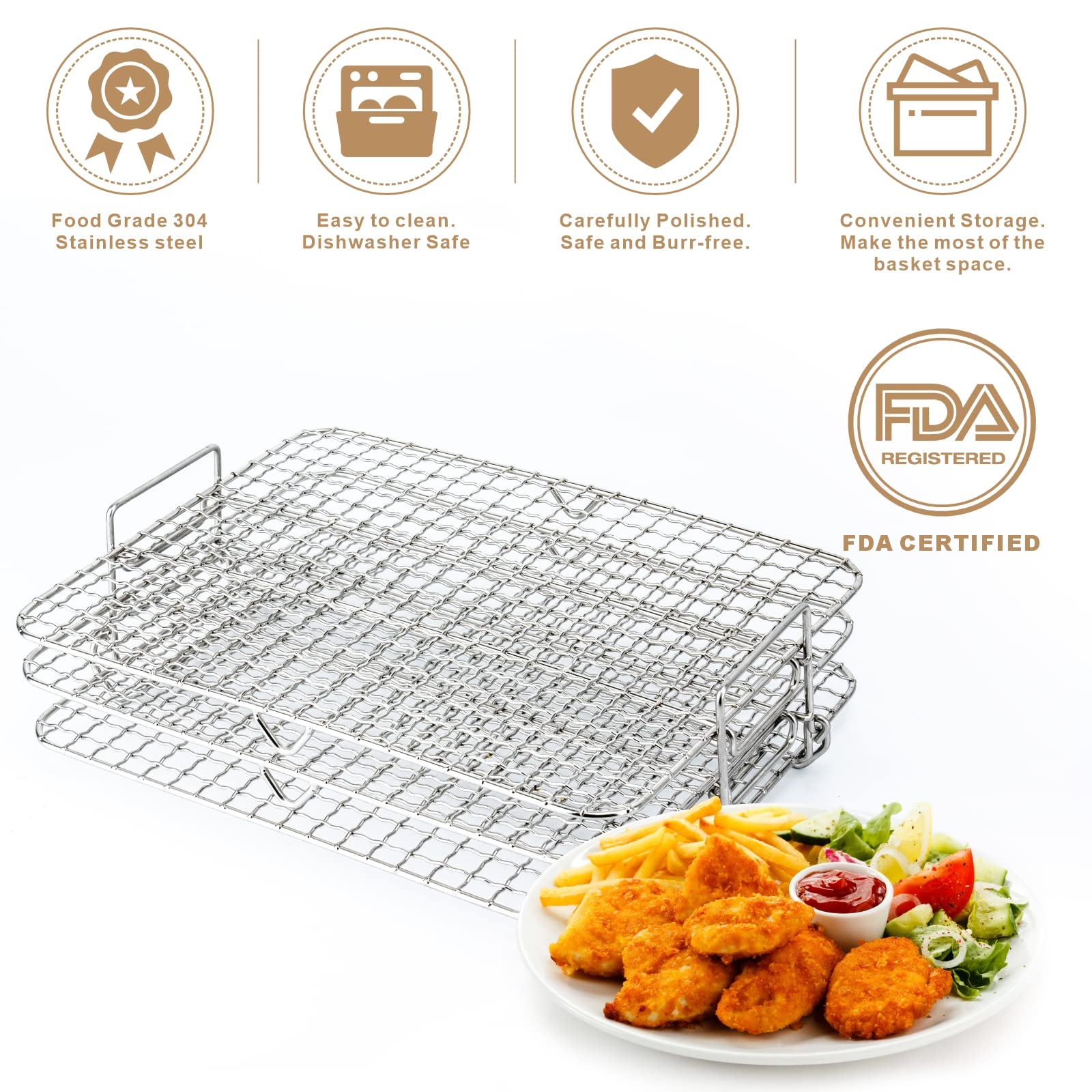 Air Fryer Rack for Ninja Foodi Grill XL FG551/IG601/IG651, Multi-Layer Dehydrator Rack Air Fryer Accessories (Included Heat and Slip Resistant Silicone Mini Potholders Mitts and Kitchen Tongs)