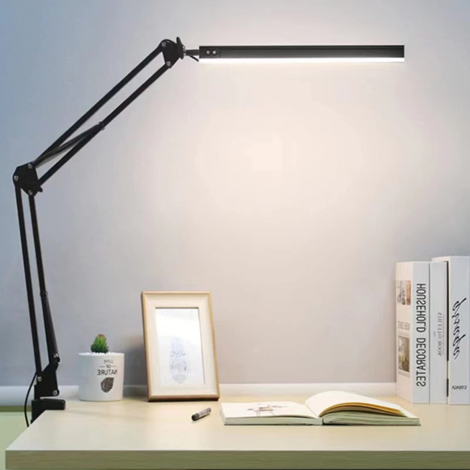 Habisder 12W Eye-Caring Metal Swing Arm Desk Lamp with Clamp, 3 Modes, 20 Brightness Dimmable Clamp Desk Light with Memory Function, for Home Office Study,Studios Reading LED Desk Lamps