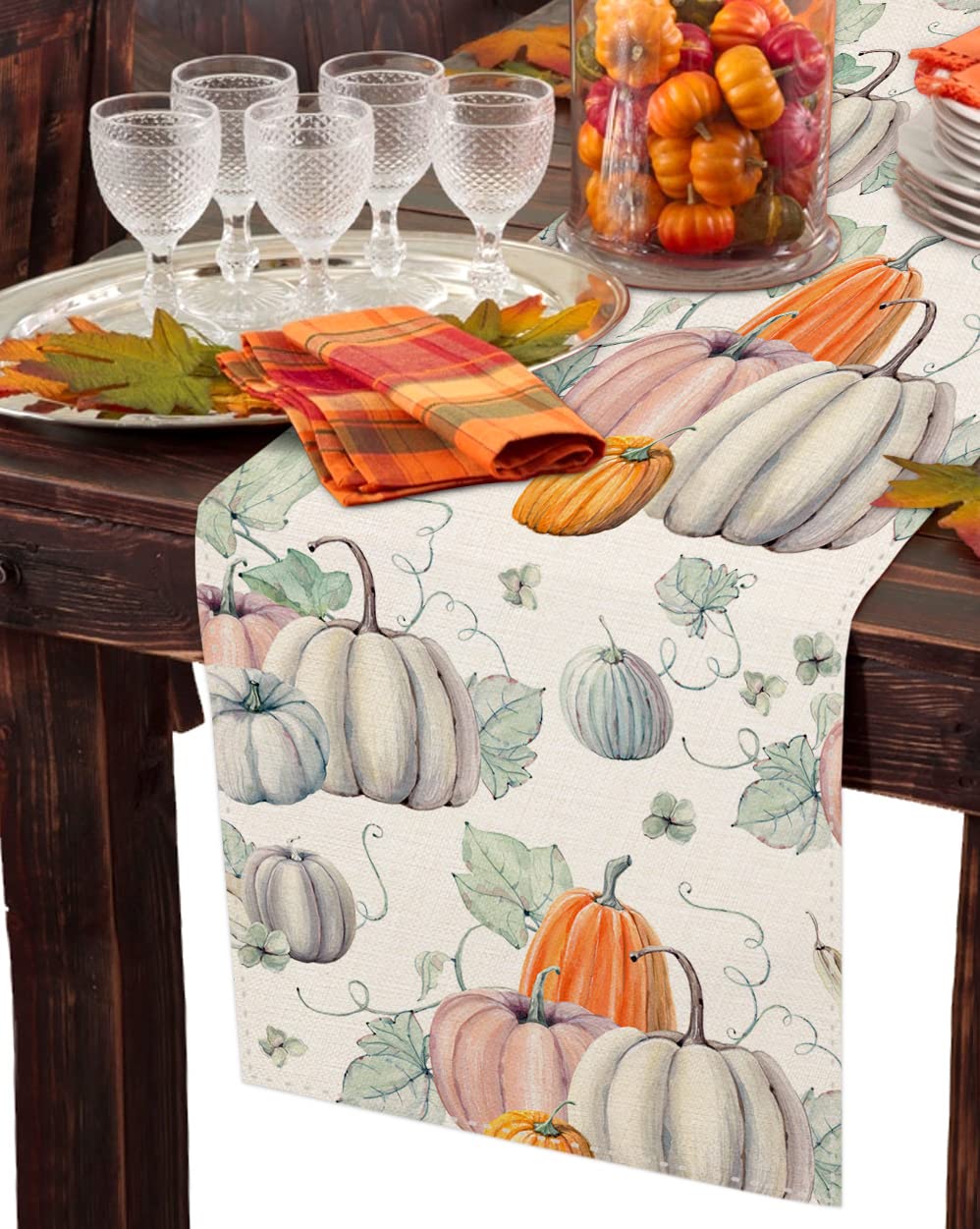 Sambosk Fall Gray Pumpkin Table Runner, Autumn Thanksgiving Table Runners for Kitchen Dining Coffee or Indoor and Outdoor Home Parties Decor 13 x 72 Inches SK075