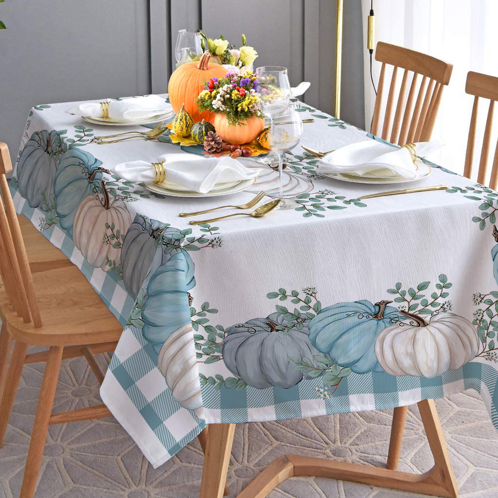 pinata Fall Tablecloth, Teal Buffalo Plaid Pumpkins Table Cloth Rectangle 60x84 inch, Autumn Farmhouse Harvest Fabric Kitchen Table Decorations for Dinner, Parties, Fall Indoor or Outdoor Decor