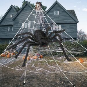 halloween decorations 276" halloween spider web + 59" giant halloween hairy spider with triangle huge spider web for indoor outdoor halloween decoration yard lawn home party haunted house decor