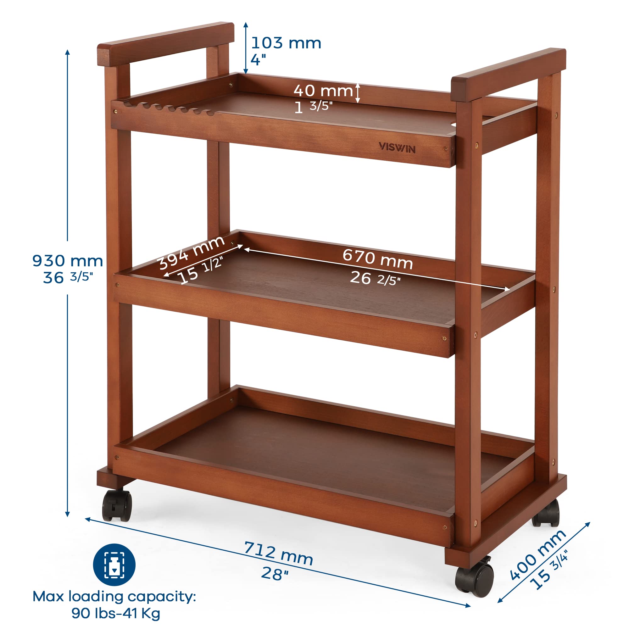 VISWIN 37" H Art Cart Storage Organizer 3-Tier, Solid Beech Wood Rolling Utility Cart with Caster Wheels, Multifunctional Art Supplies Craft Cart Organizer, Trolley for Studio, Classroom, Kitchen