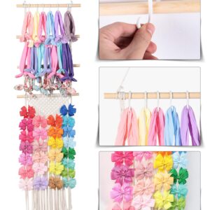 Headband and Hair Bows Holder Macrame Bow Organizer for Girls Hair Bows, Hair Bow Organizer Baby Headband Holder Hair Clip Organizer with 60 Plastic Hooks for Door Boho Wall Room, 13 x 50 Inch (White)