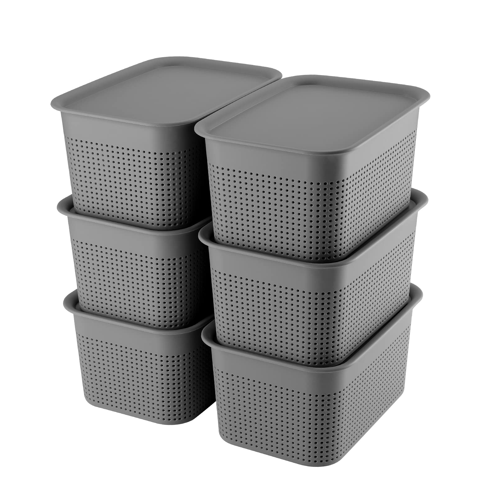 AREYZIN Plastic Storage Baskets With Lids Stacable Organizing Container Lidded Knit Storage Organizer Bins for Shelves Drawers Desktop Closet Playroom Classroom Office, Grey and White