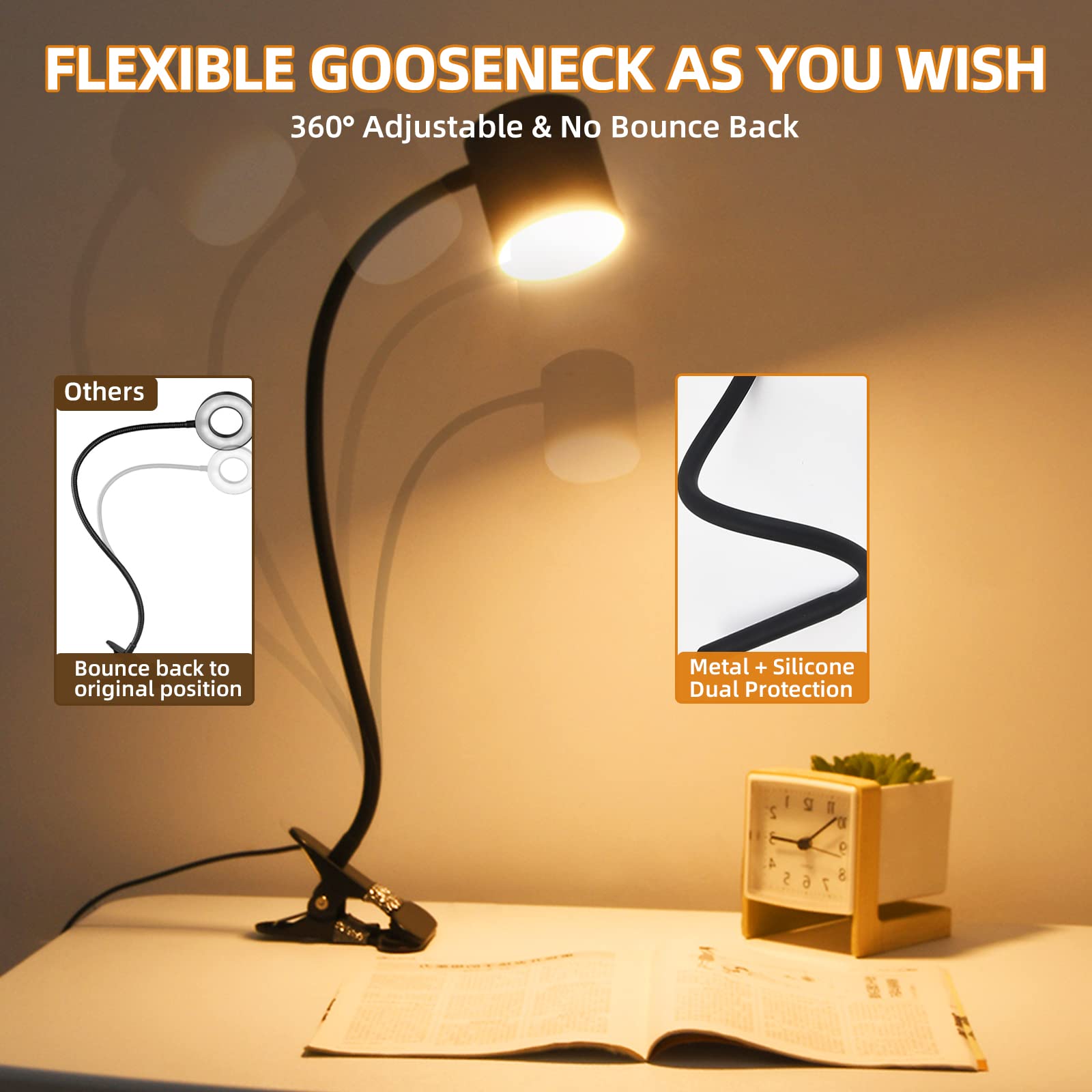 AKOGIRSE Clip on Light, Eye-Caring 8W USB Desk Lamp 48 LED Reading Lights for Bed, Modern Metal Clamp Light for Headboard, 360°Flexible Gooseneck, 3 Color Modes & 10 Brightness Dimmer Memory Lamps