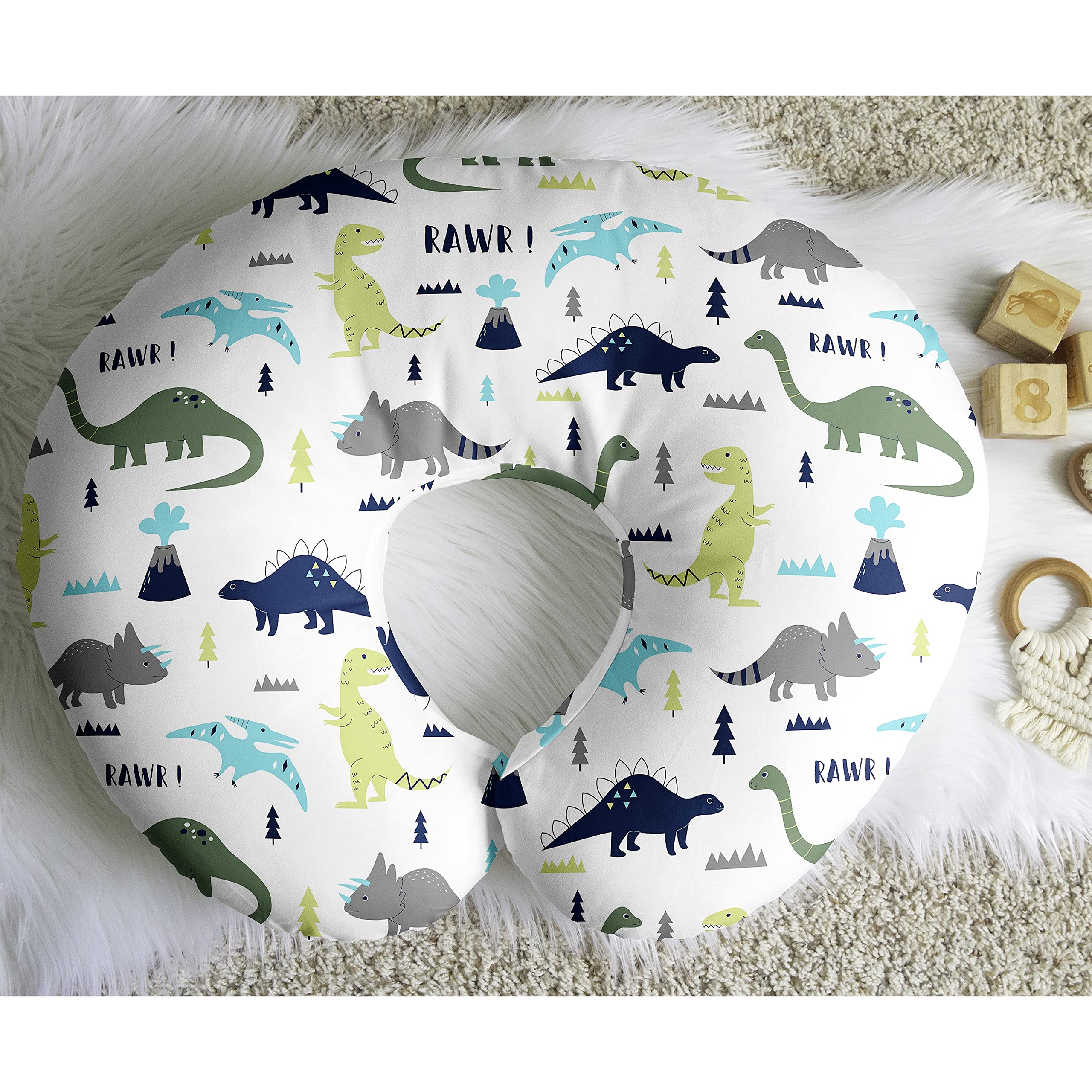 Sweet Jojo Designs Mod Dino Nursing Pillow Cover Breastfeeding Pillowcase for Newborn Infant Bottle or Breast Feeding (Pillow NOT Included) - Blue Green and Grey Modern Dinosaur