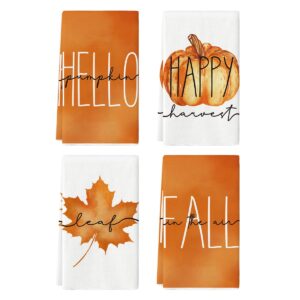 artoid mode maple leaves hello pumpkin fall kitchen towels dish towels, 18x26 inch happy harvest decoration hand towels set of 4