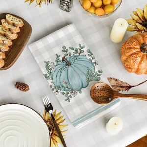 Artoid Mode Blue Eucalyptus Leaves Hello Pumpkin Fall Kitchen Towels Dish Towels, 18x26 Inch Seasonal Give Thanks Decoration Hand Towels Set of 4