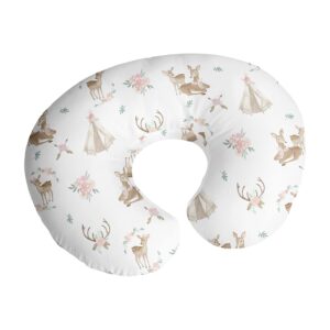 sweet jojo designs woodland deer floral nursing pillow cover breastfeeding pillowcase for newborn infant bottle breast feeding pillow not included - blush pink mint green boho watercolor forest animal