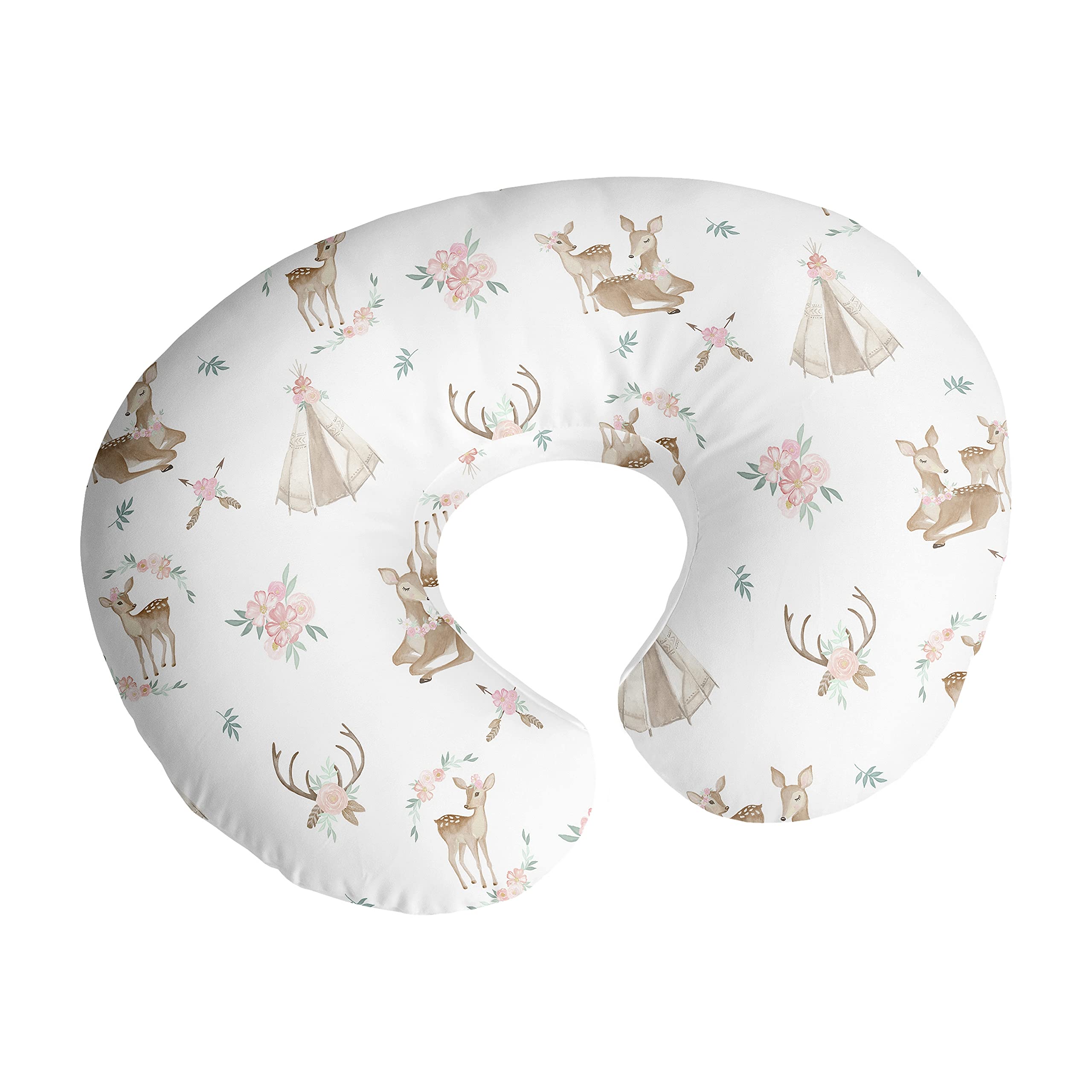 Sweet Jojo Designs Woodland Deer Floral Nursing Pillow Cover Breastfeeding Pillowcase for Newborn Infant Bottle Breast Feeding Pillow NOT Included - Blush Pink Mint Green Boho Watercolor Forest Animal