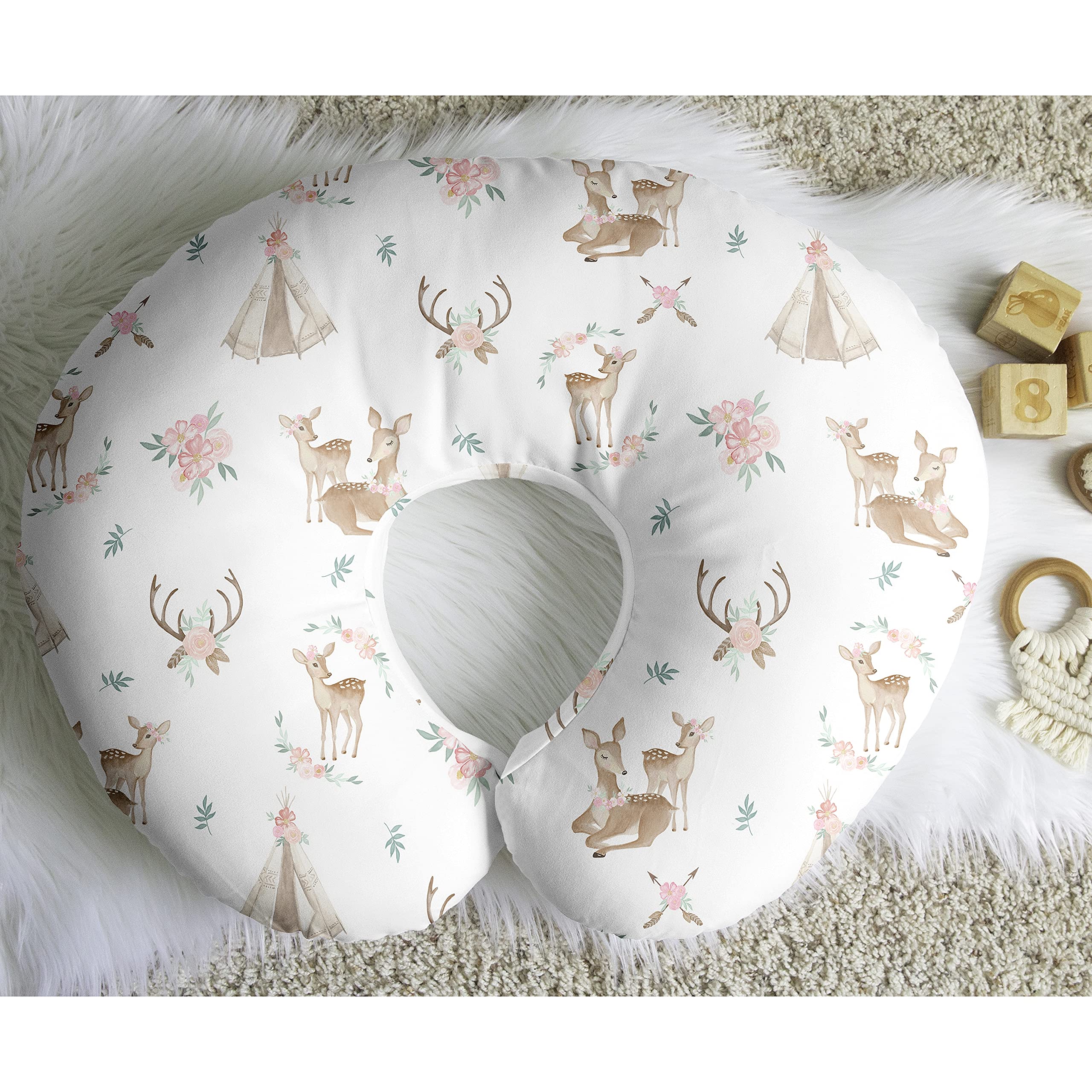 Sweet Jojo Designs Woodland Deer Floral Nursing Pillow Cover Breastfeeding Pillowcase for Newborn Infant Bottle Breast Feeding Pillow NOT Included - Blush Pink Mint Green Boho Watercolor Forest Animal