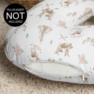 Sweet Jojo Designs Woodland Deer Floral Nursing Pillow Cover Breastfeeding Pillowcase for Newborn Infant Bottle Breast Feeding Pillow NOT Included - Blush Pink Mint Green Boho Watercolor Forest Animal