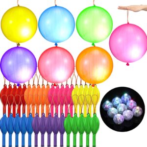 60 pcs light up punch balloons with multicolor led light, glow in the dark party favors light up punching balloons with rubber band handle for halloween wedding birthday spring party supplies