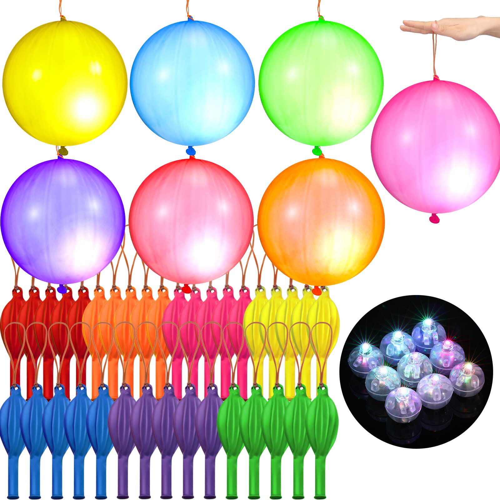 60 Pcs Light up Punch Balloons with Multicolor LED Light, Glow in The Dark Party Favors Light up Punching Balloons with Rubber Band Handle for Halloween Wedding Birthday Spring Party Supplies