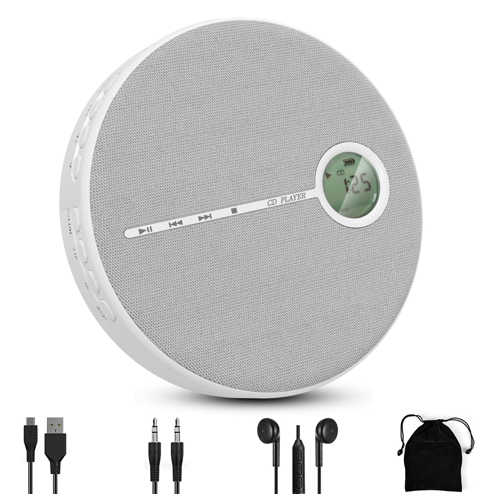 WOKALON Rechargeable Portable CD Player with Bluetooth, Compact Anti-Skip Walkman CD Player with Headphones &Dual Stereo Speakers for Home/Travel,Support CD MP3 USB AUX Input,2000mAh