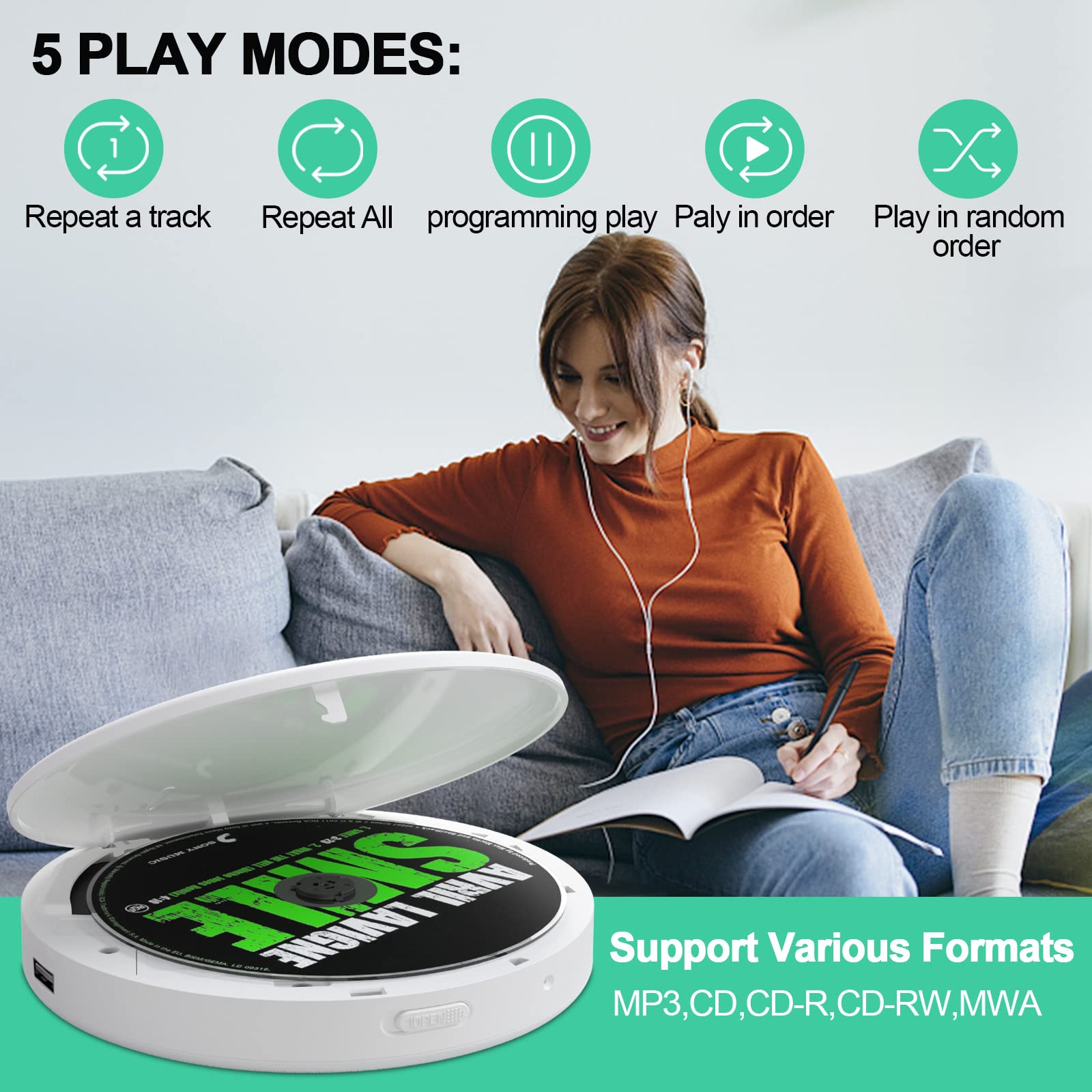 WOKALON Rechargeable Portable CD Player with Bluetooth, Compact Anti-Skip Walkman CD Player with Headphones &Dual Stereo Speakers for Home/Travel,Support CD MP3 USB AUX Input,2000mAh