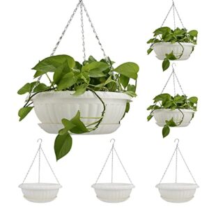 titati 6pcs 12.59” hanging planters for outdoor plants, indoor hanging flower pots hanging plant holder with drainage hole tray hooks, plastic hanging plant baskets for graden home porch white color