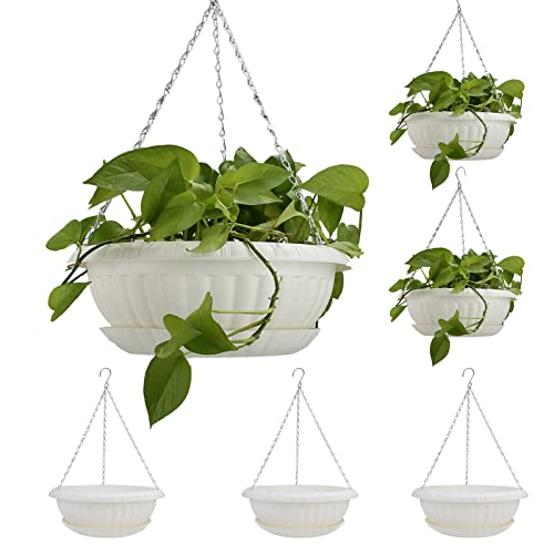 TITATI 6pcs 12.59” Hanging Planters for Outdoor Plants, Indoor Hanging Flower Pots Hanging Plant Holder with Drainage Hole Tray Hooks, Plastic Hanging Plant Baskets for Graden Home Porch White Color