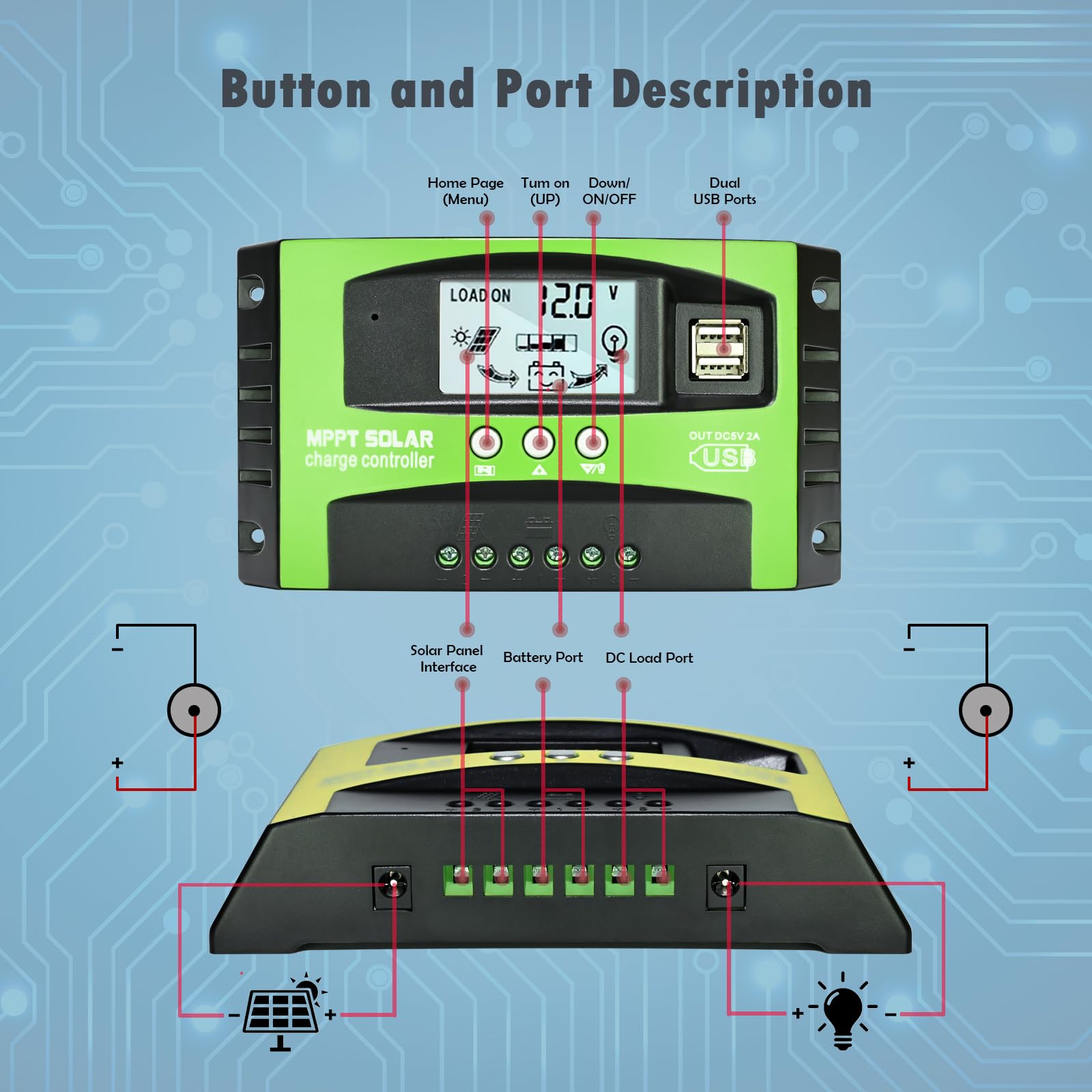 30A MPPT Solar Charge Controller, 12V/ 24V Solar Panel Regulator with Adjustable LCD Display Dual USB Port Timer Setting PWM Auto Parameter