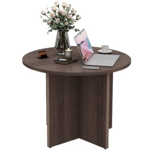 cuhome round conference table, 35.4" small commercial meeting table for business, office table with x-shaped wood base (walnut)