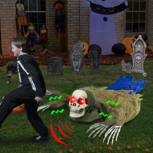 52 Inch Crawling Zombie Halloween Animatronic Prop Decorations Outdoor Creepy Sound Light up Eyes Movable Life Size Skeleton Groundbreaker Sound Activated Haunted House Halloween Decor Graveyard