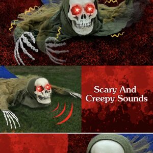 52 Inch Crawling Zombie Halloween Animatronic Prop Decorations Outdoor Creepy Sound Light up Eyes Movable Life Size Skeleton Groundbreaker Sound Activated Haunted House Halloween Decor Graveyard