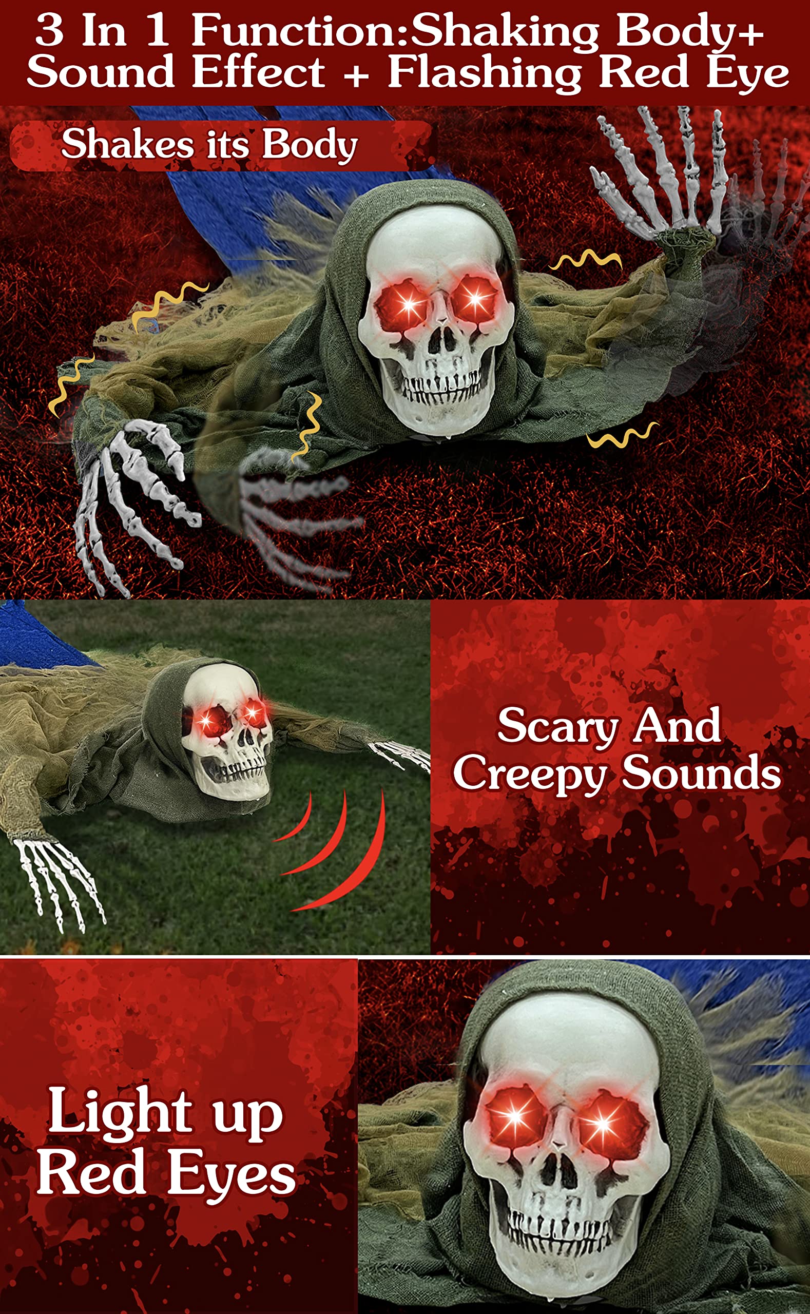 52 Inch Crawling Zombie Halloween Animatronic Prop Decorations Outdoor Creepy Sound Light up Eyes Movable Life Size Skeleton Groundbreaker Sound Activated Haunted House Halloween Decor Graveyard