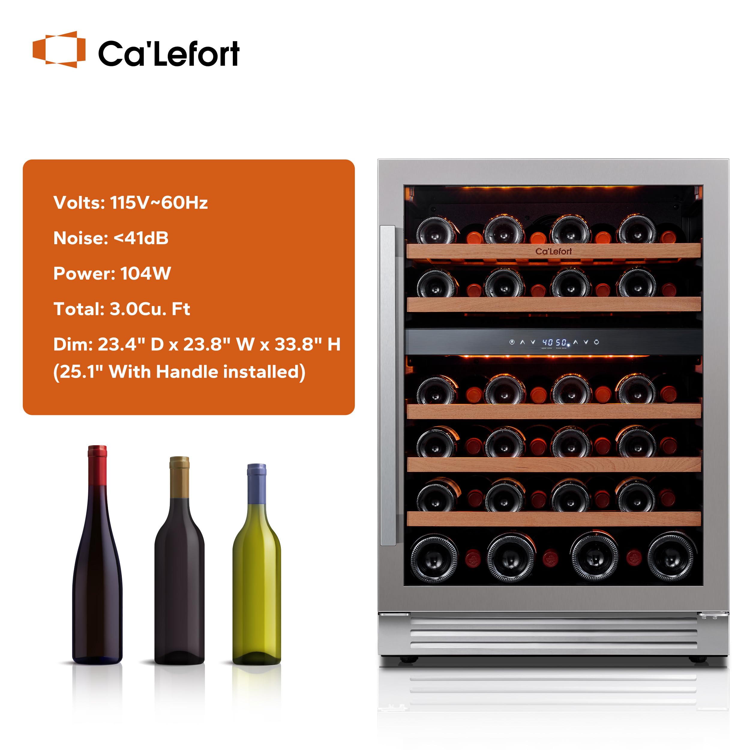 Ca'Lefort 24'' Wine Cooler Refrigerator - 46 Bottle Wine Fridge Dual Zone with Modern Touch Intelligent Digital 40°-65°F Low Noise, Built in or Freestanding Wine Cooler for Home and Kitchen